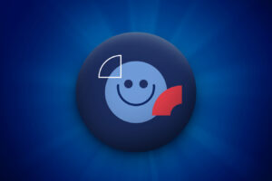 Fundo azul e, ao centro, a imagem de uma bolinha sorridente, para representar os sorteios no consórcio.